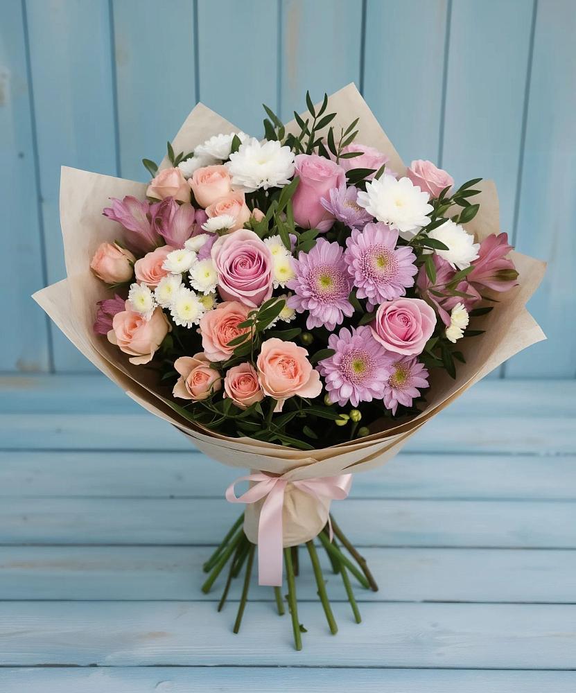 Букет цветов из: Хризантемы, Розы и Альстромерии в Томузловском