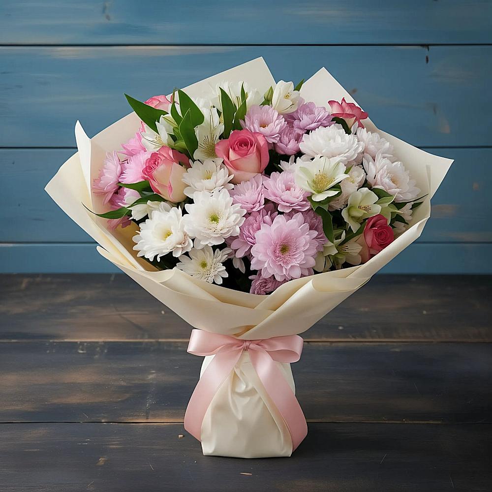 Букет цветов из: Хризантемы, Альстромерии и Розы в Томузловском